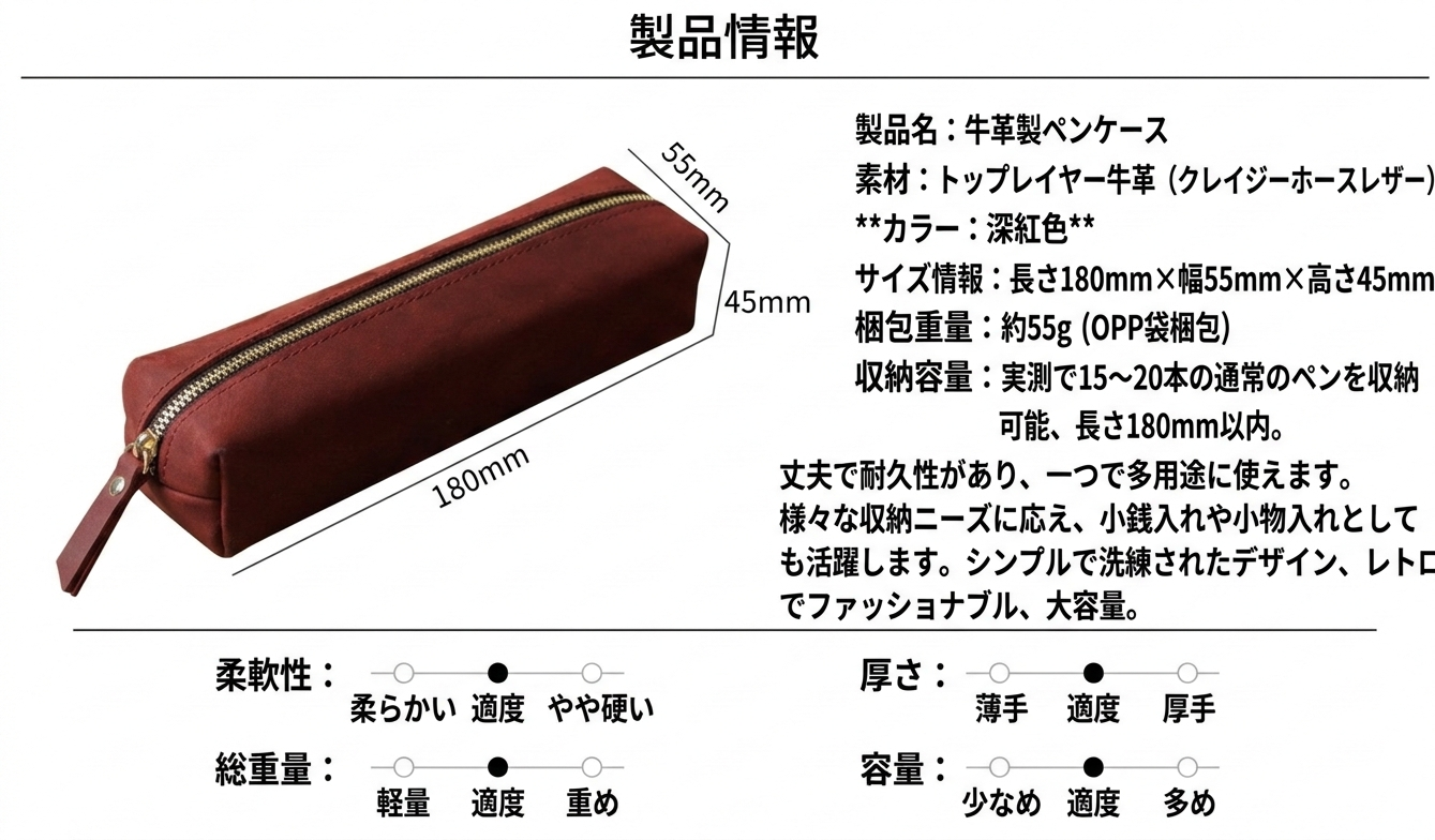 本革ペンケース クレイジーホースレザー ワインレッド | 牛革製筆箱