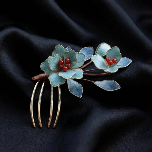 Handcrafted Pure Silk Flower Hair Comb | Japanese Traditional Craft Genuine Garnet Kimono Essential (Approx. 8.5x6cm)