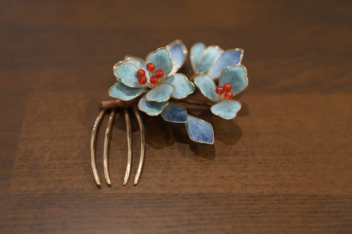 Handcrafted Pure Silk Flower Hair Comb | Japanese Traditional Craft Genuine Garnet Kimono Essential (Approx. 8.5x6cm)