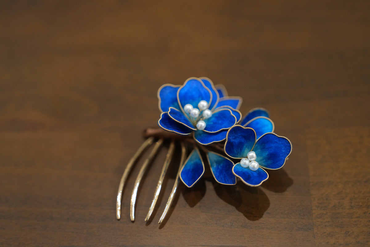 【本絹・真鍮】手仕事の蒼花ヘアコーム｜ロイヤルブルーパーツ・和装洋装髪飾り