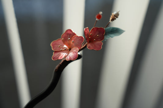 Handcrafted Sakura Silk Hairpin | Natural Ebony Wood & Red Agate Kanzashi