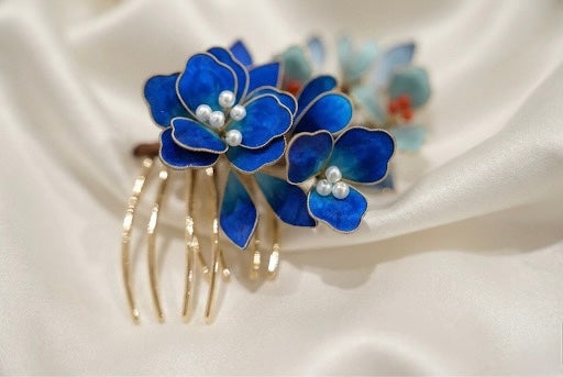 【本絹・真鍮】手仕事の蒼花ヘアコーム｜ロイヤルブルーパーツ・和装洋装髪飾り