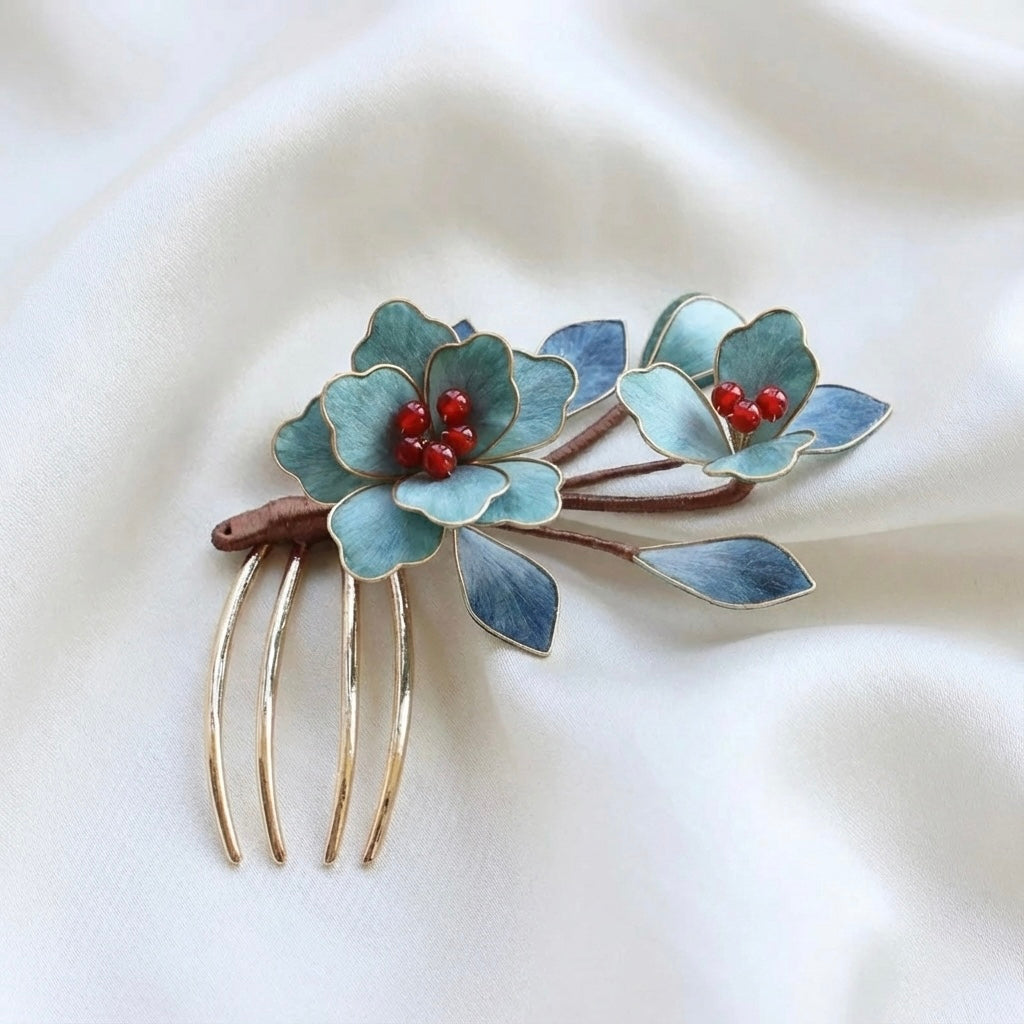 Handcrafted Pure Silk Flower Hair Comb | Japanese Traditional Craft Genuine Garnet Kimono Essential (Approx. 8.5x6cm)