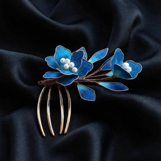 Handcrafted Blue Silk Flower Hair Comb | Royal Blue Gradation & Antique Brass