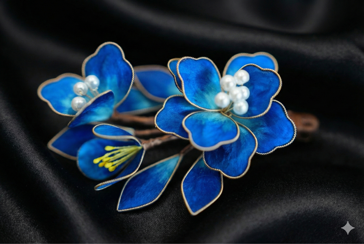 本絹の輝き 瑠璃色の花 ヘアクリップ｜上質シルク手巻き工芸 パール 髪飾り 青