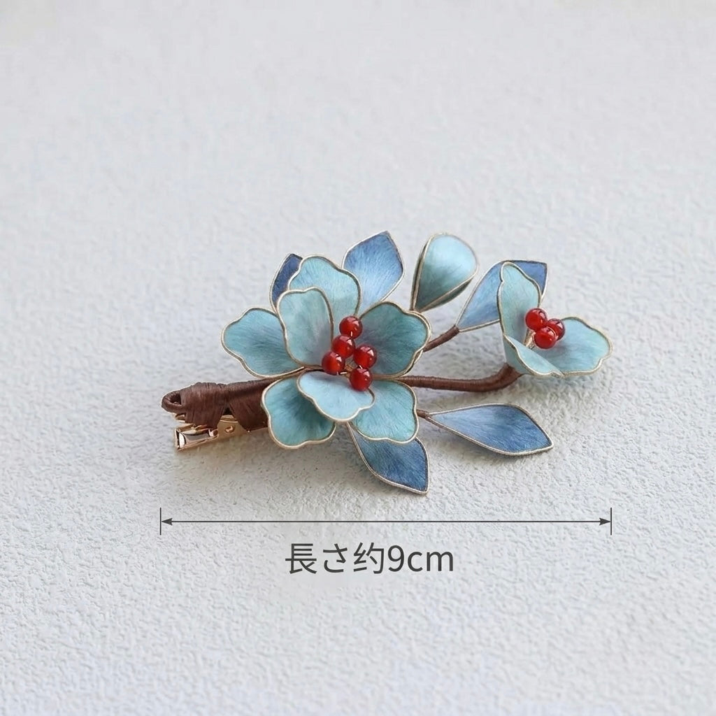 天然本絹 翡翠色の花 ヘアクリップ 点翠風 纏花 9cm 髪飾り成人式 夏祭