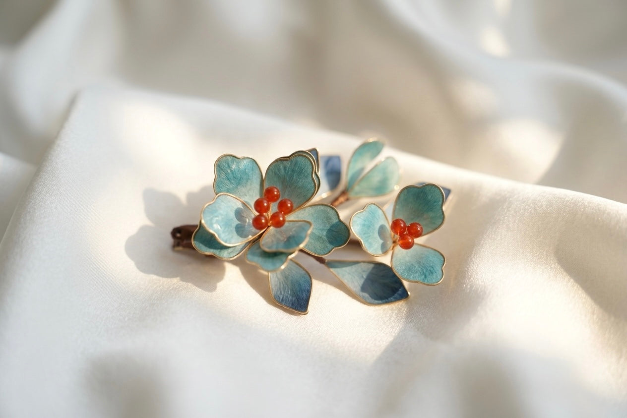 天然本絹 翡翠色の花 ヘアクリップ 点翠風 纏花 9cm 髪飾り成人式 夏祭