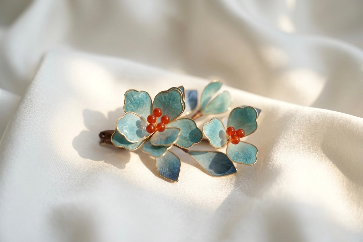 天然本絹 翡翠色の花 ヘアクリップ 点翠風 纏花 9cm 髪飾り成人式 夏祭