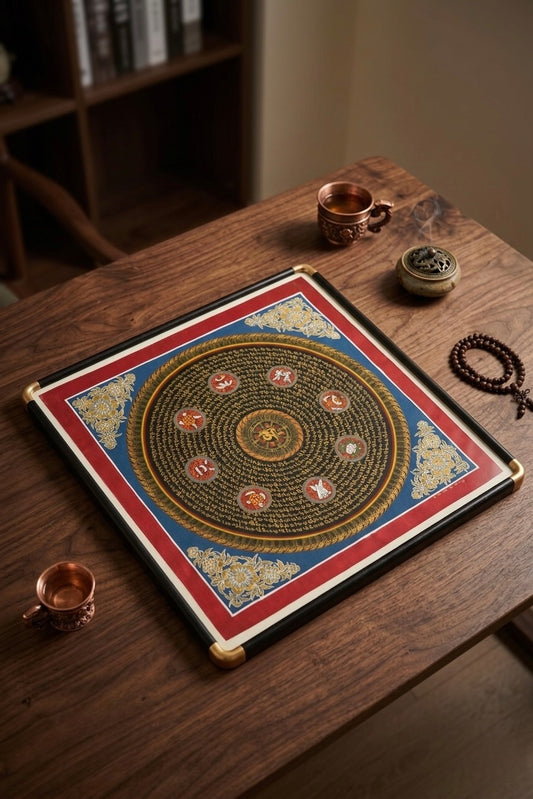 [Authentic Hand-Painted Thangka] Original Mantra Mandala Buddhist Sacred Art with Luxury Frame (62×62 cm) - Signed by Master Nima Lama Ghising
