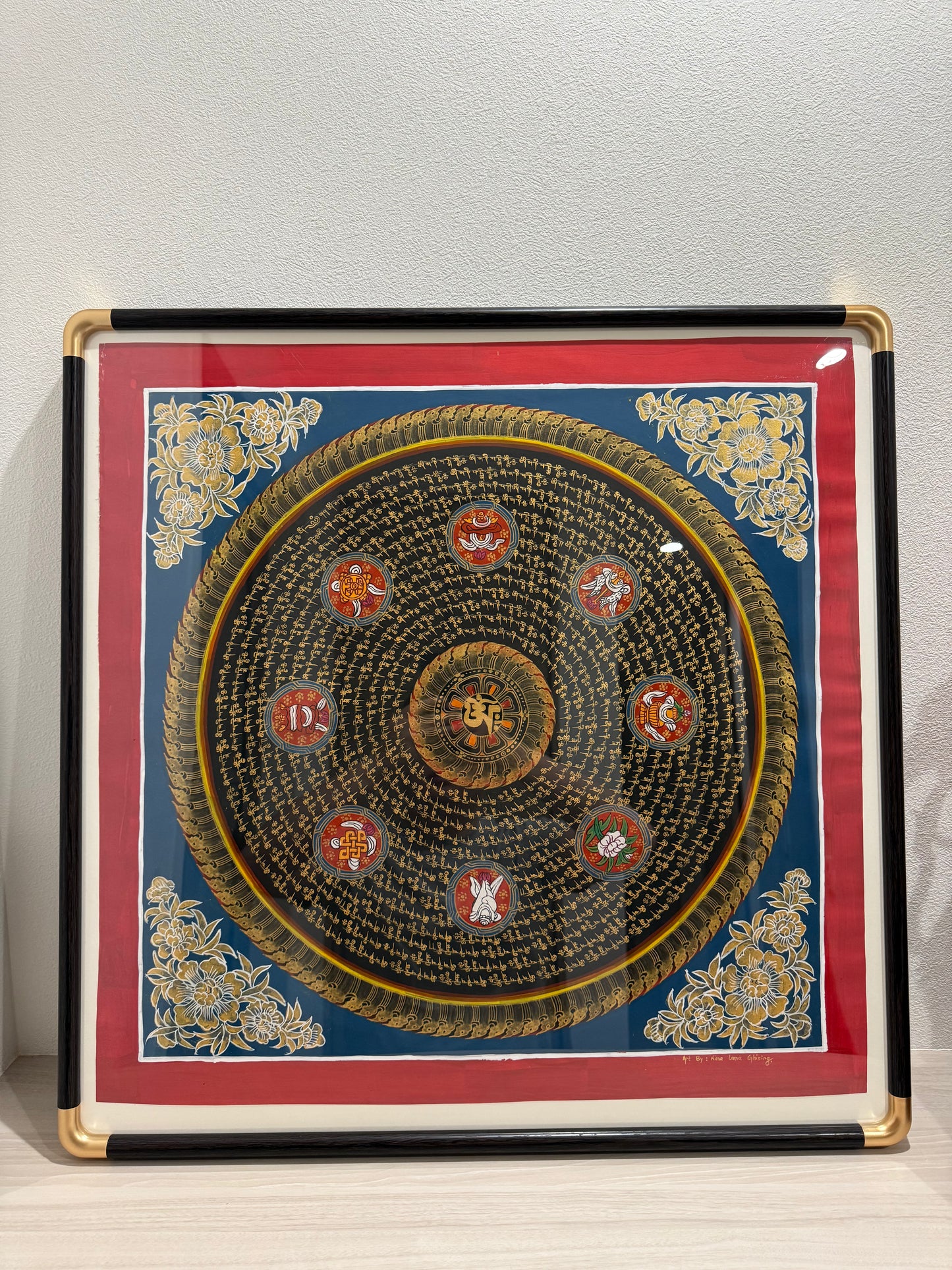 【ネパール直輸入・肉筆原画】マントラ 曼荼羅（マンダラ）タンカ – 宇宙の真理と八吉祥が導く浄化のアート（専用額縁プレゼント）