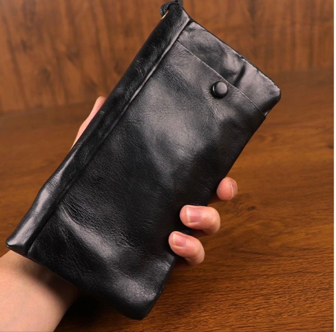 本革 長財布 大容量 ブラック 黒ストラップ付 植鞣革 スマホ収納可のサムネイル